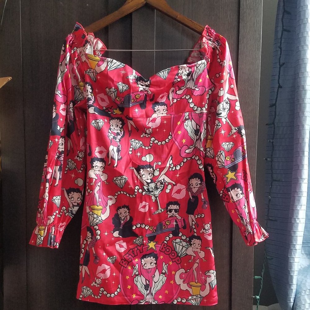 NWT BETTY BOOP RED MINI SATIN OFF SHOULDER Lover Catch A Kitten DRESS.